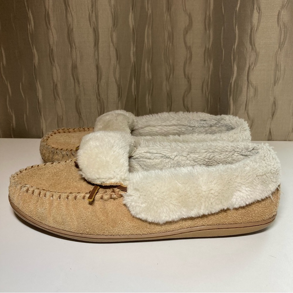 Minnetonka Moccasin Slippers Women's 9 N Tan Suede Leather Faux Fur 40718